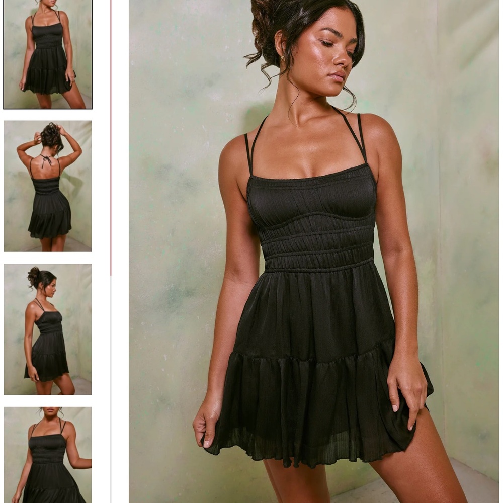 Shirred Bodice A-Line Mini Dress in Black